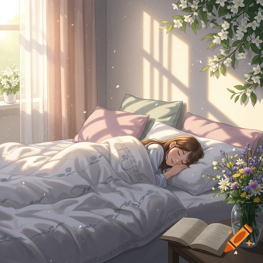 Anime illustration of a girl sleeping peacefully in a sunlit bedroom with flowers.