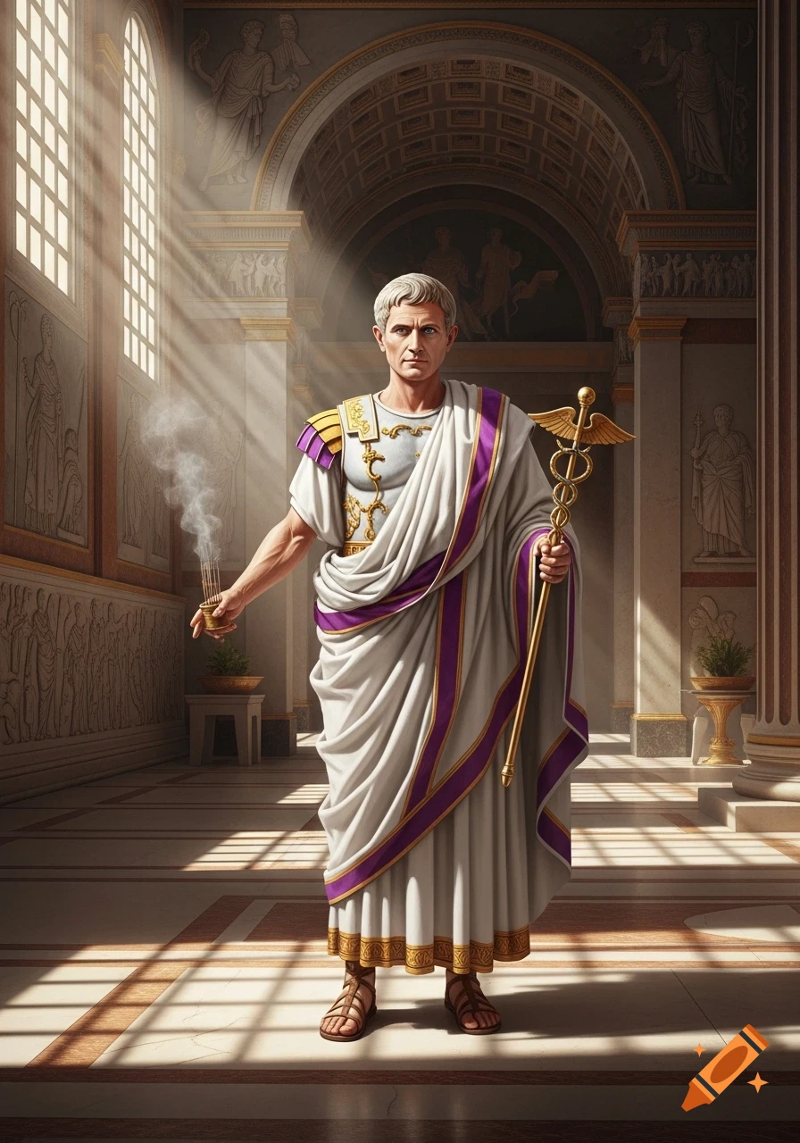 A man resembling Caesar Augustus in a white toga with purple trim and golden armor holds incense and a caduceus in a sunlit Roman hall.