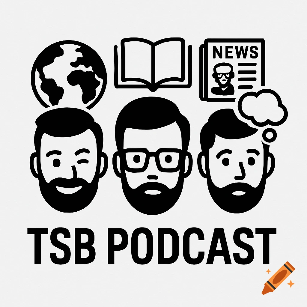 Black and white minimalist logo for 'TSB PODCAST' featuring three bearded male faces below icons of a globe, an open book, and a newspaper.