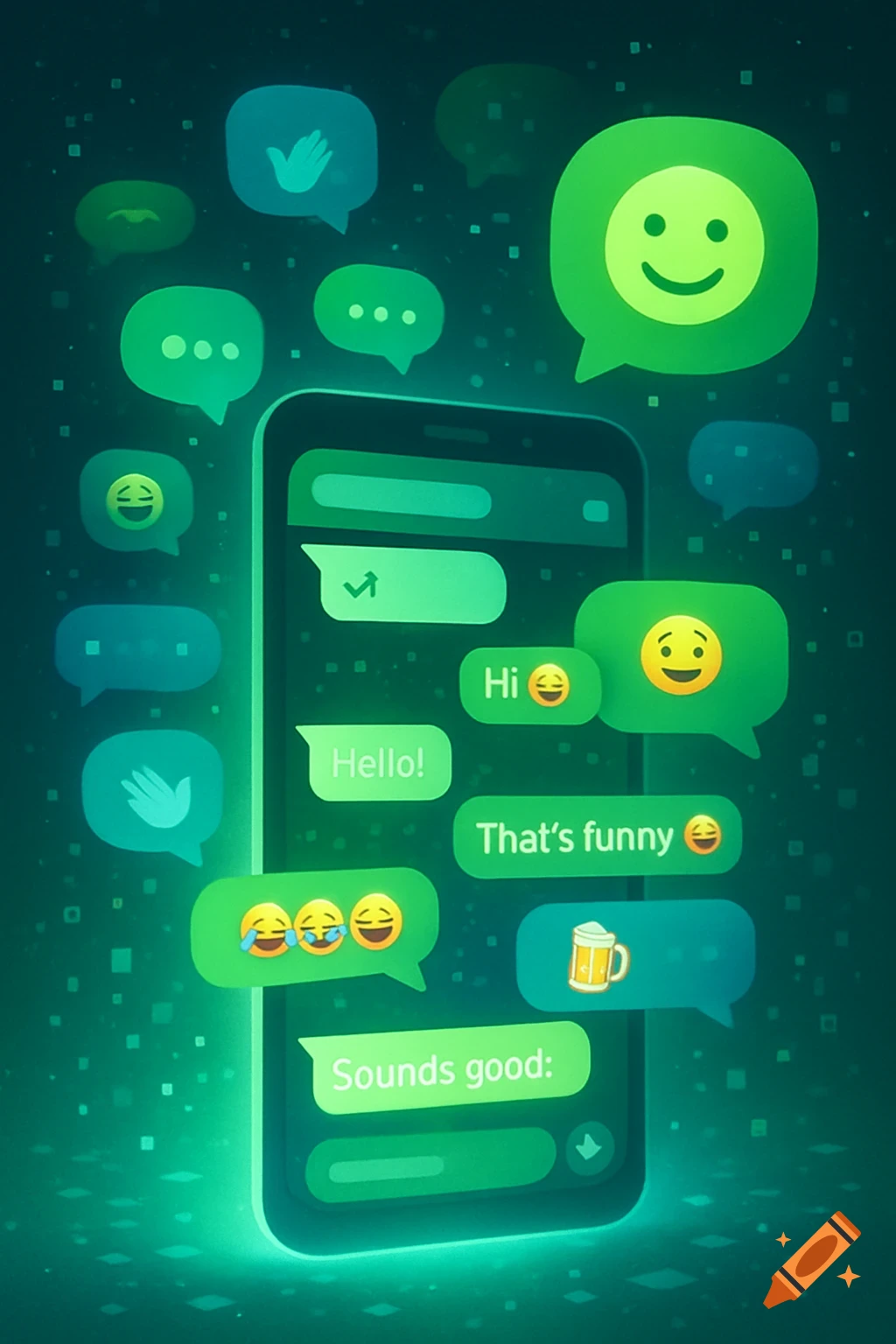 A stylized smartphone showing a glowing chat conversation with green and teal speech bubbles, emojis, and text like "Hello!" and "That's funny" against a dark digital background.