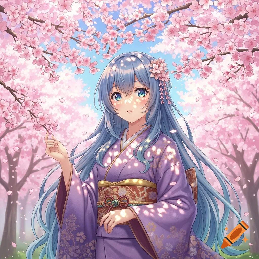 Anime girl with blue hair in a purple kimono stands under pink cherry blossom trees, dappled with sunlight.