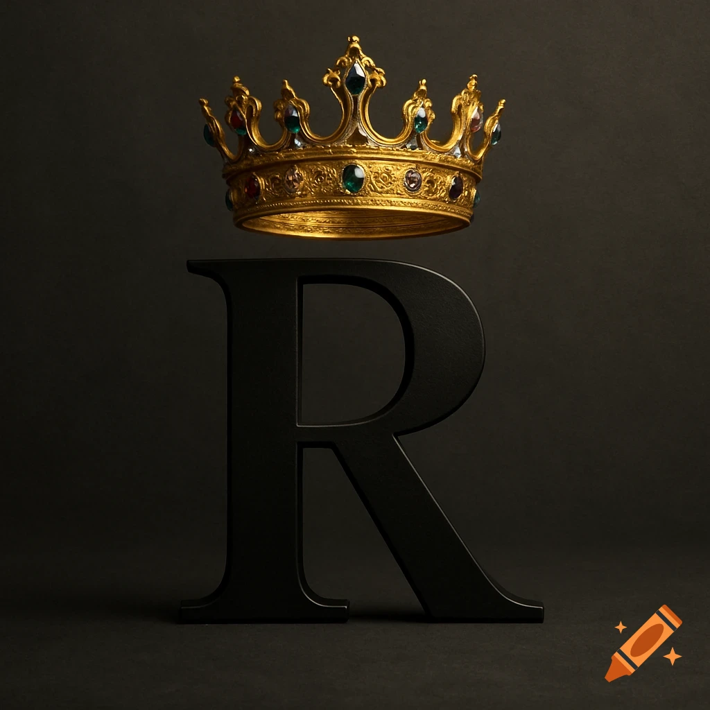 A stylized black capital letter R with a detailed gold crown featuring colorful jewels hovering above it on a dark background.