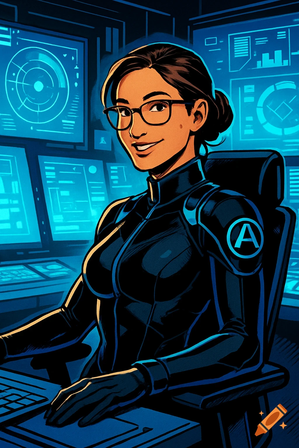 A confident woman with glasses in a black tactical suit with a blue 'A' emblem sits at a futuristic command center surrounded by glowing blue screens, in a comic book art style.