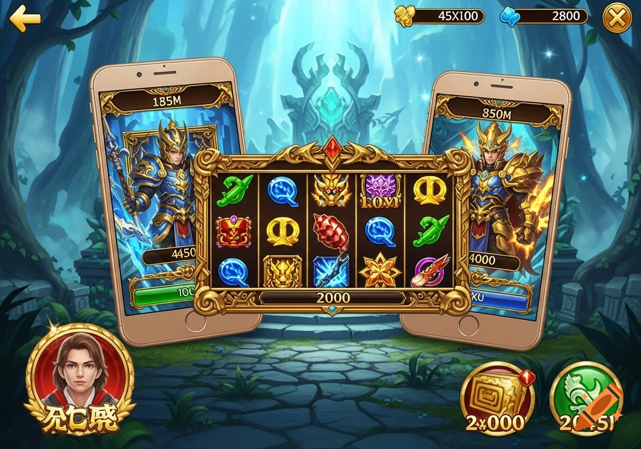 Mobile game UI with a fantasy slot machine, showing two armored characters on smartphone screens in a mystical forest setting.