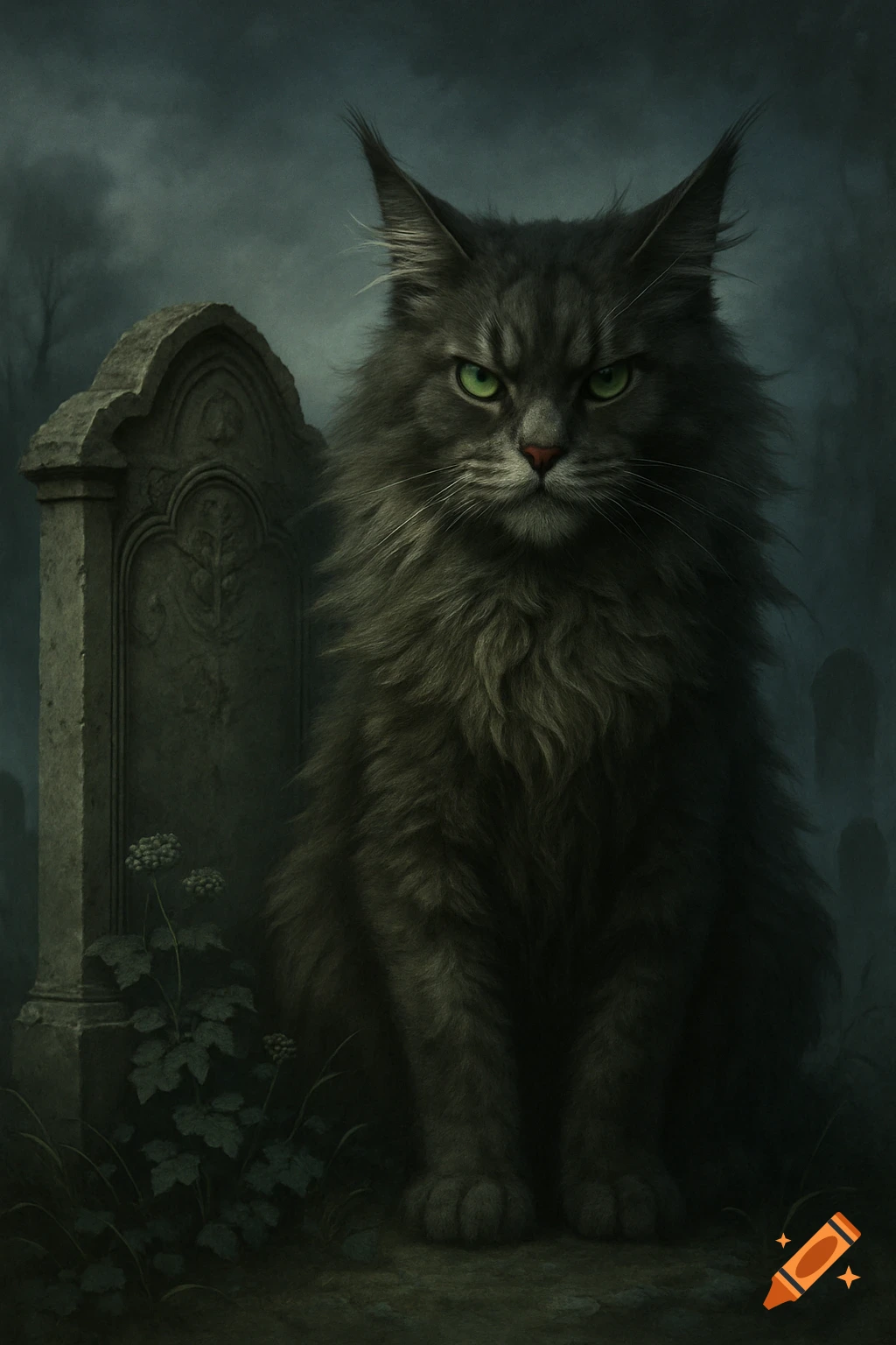 A fluffy, dark grey Maine Coon cat with glowing green eyes sits sternly next to an old, ornate gravestone in a gloomy cemetery.