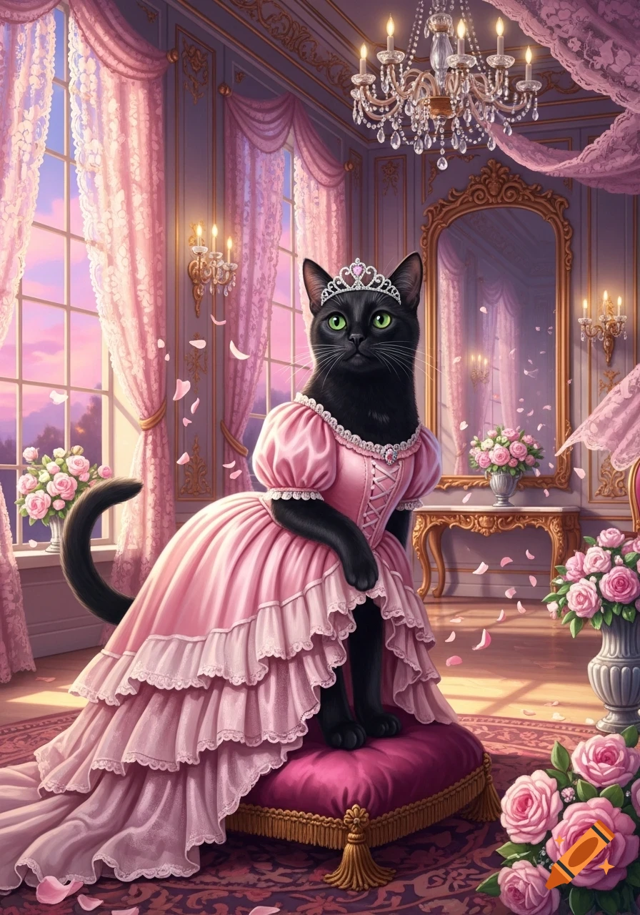 Black cat in a pink princess dress and tiara sitting on a cushion in a lavish pink and gold royal room.