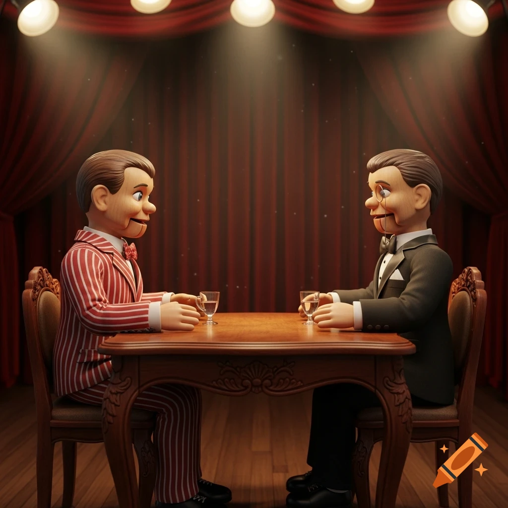 Two ventriloquist dummies, one in a red striped suit and one in a tuxedo, sit at a table on a dimly lit stage with red curtains.