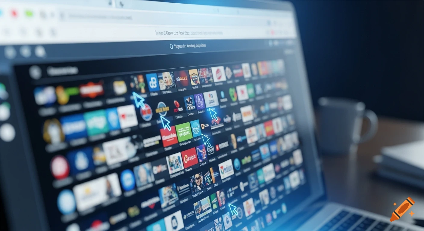 Close-up of a laptop screen showing a web browser with many app icons and glowing blue mouse cursors.