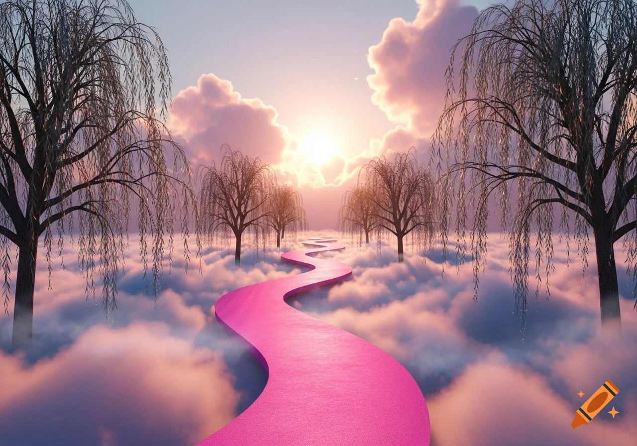 A winding pink pathway stretches through fluffy pink and white clouds, flanked by bare willow trees under a vibrant sunset.