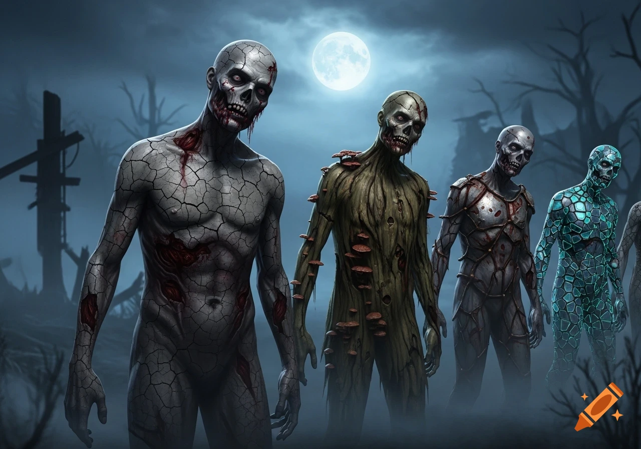 Four diverse zombies with cracked, bark-like, metallic, and crystalline skin stand under a full moon in a foggy, eerie landscape, digital art.