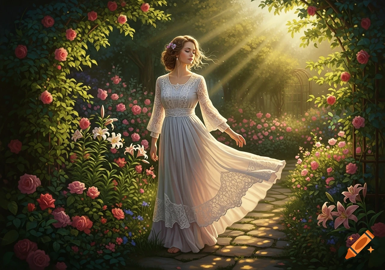 A woman in a flowing white dress stands on a stone path in a sunlit rose garden with white lilies.