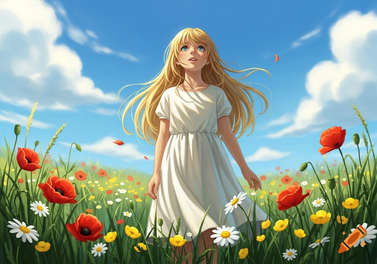 Anime illustration of a blonde girl in a white dress standing in a sunny field of red poppies and white daisies under a blue sky.