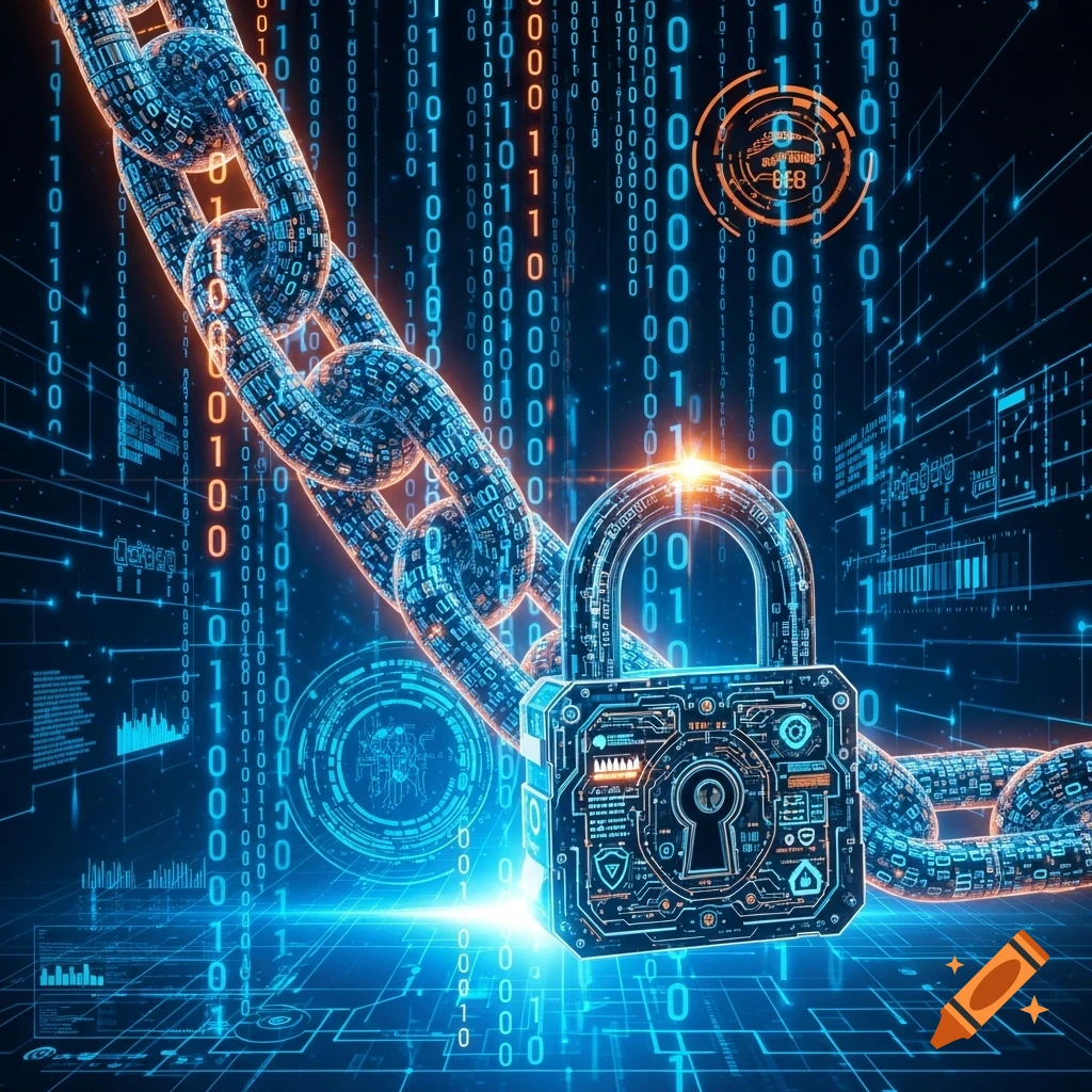 A futuristic illustration of a glowing chain made of binary code, locked by a high-tech padlock with circuit patterns, against a background of digital data and neon blue light with orange highlights.