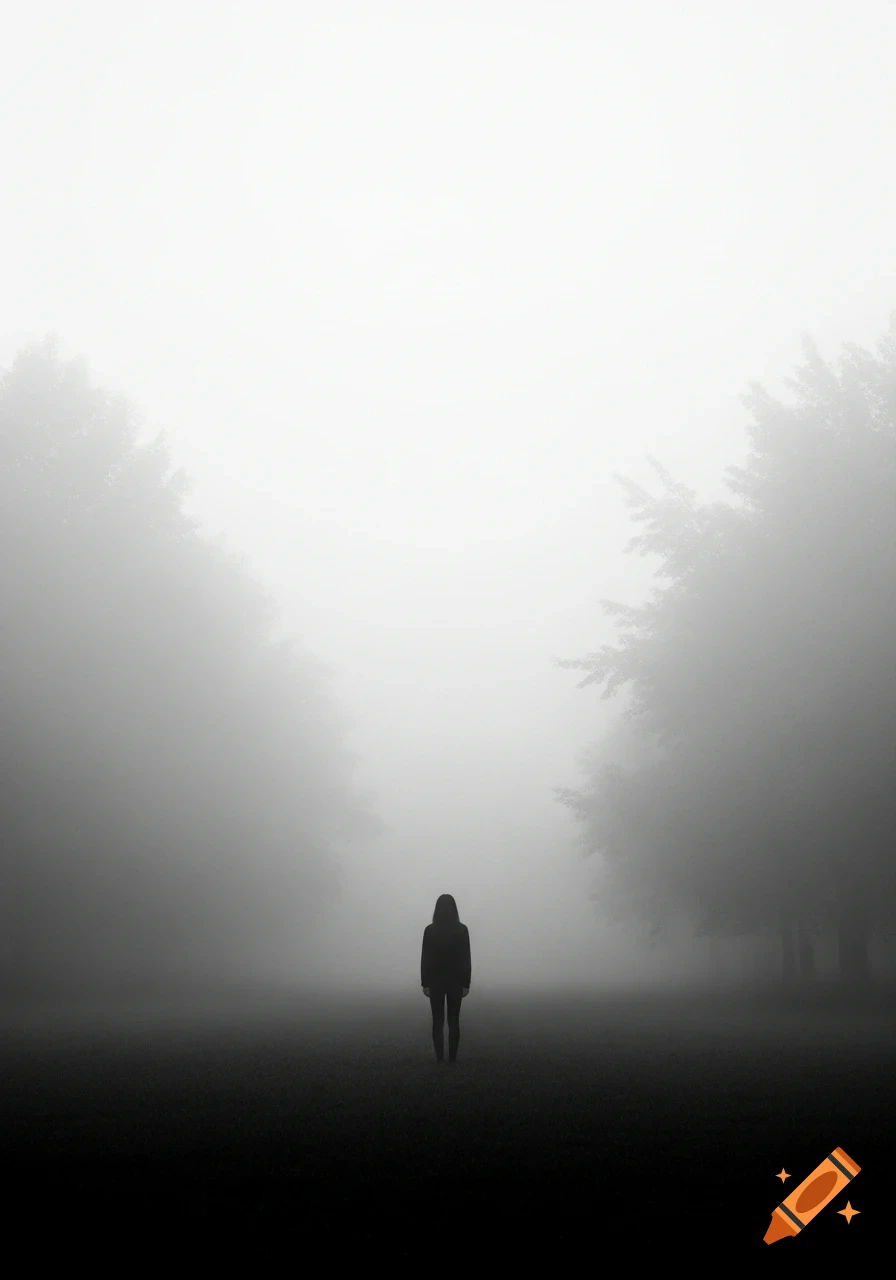 A lone human silhouette stands in a vast, foggy clearing between blurred trees in a minimalist, ethereal black and white style.