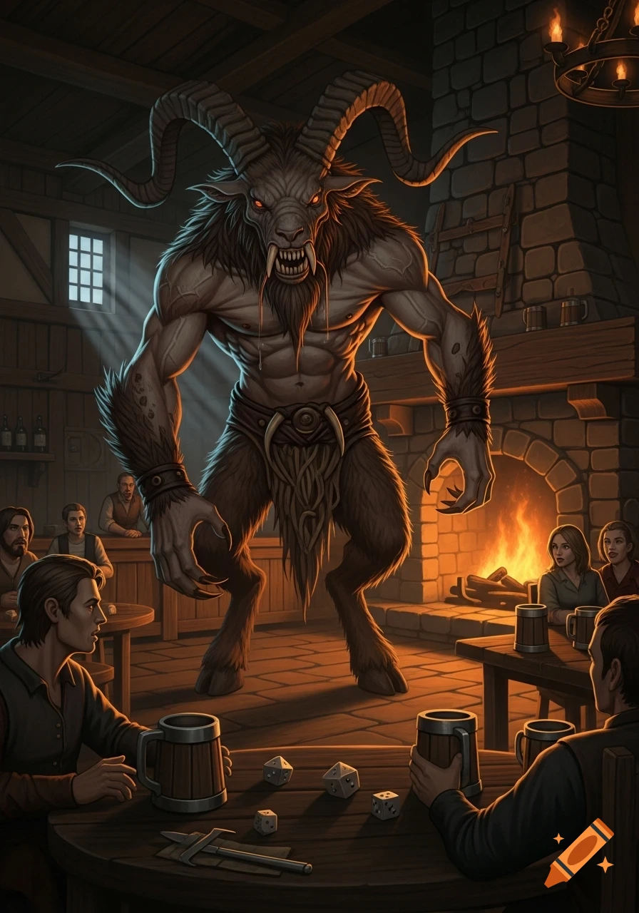 A monstrous, buff humanoid goat with large horns, sharp teeth, and matted fur stands menacingly in a tavern, illuminated by a window and fireplace, as patrons look on.