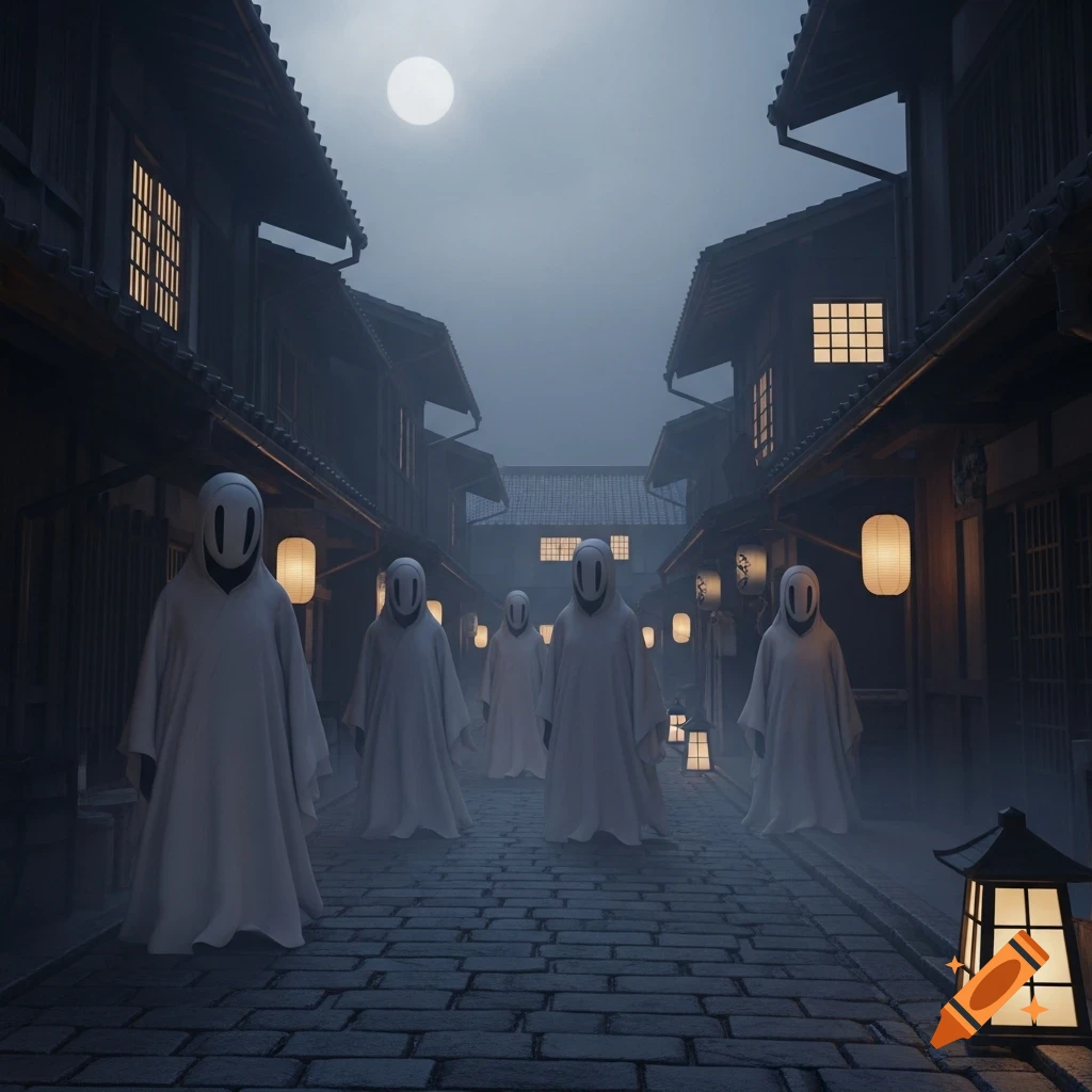 White, cloaked figures with smiley faces stand in a dark, foggy Edo-era street at night, lit by lanterns and a full moon.