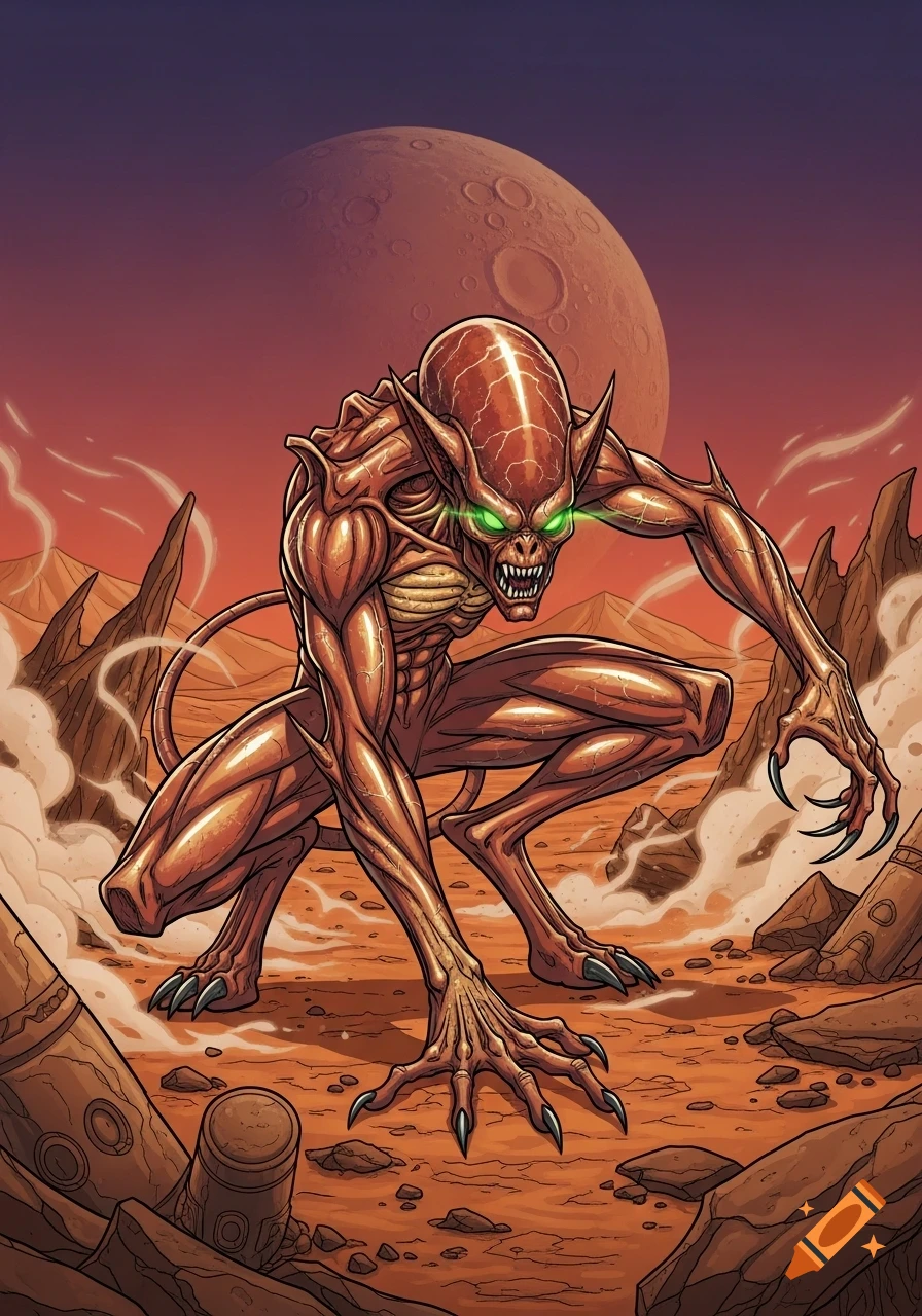 A comic book style red alien creature with glowing green eyes crouches on a rocky Martian desert under a large red planet.