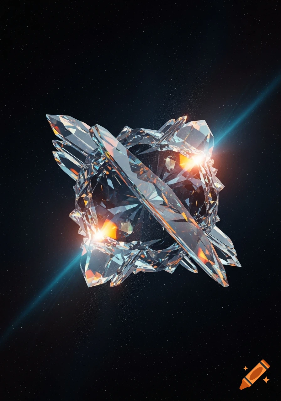 A shimmering, faceted crystal structure with glowing orange cores drifts through a starry void, intersected by a blue light beam.