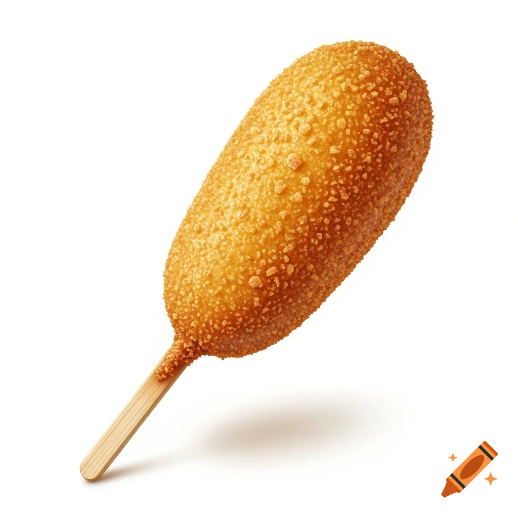 A realistic, golden-brown corn dog on a wooden stick, isolated on a white background.
