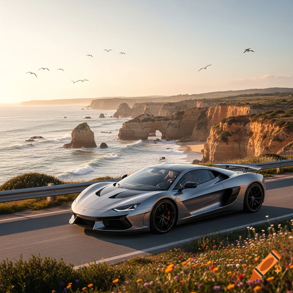 A silver supercar drives along a scenic coastal road with dramatic cliffs, a beach, and the ocean at sunset.
