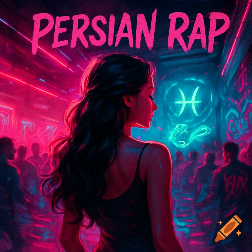 Digital art of a woman from behind with long hair in a neon-lit nightclub, with "PERSIAN RAP" text and a Pisces symbol.