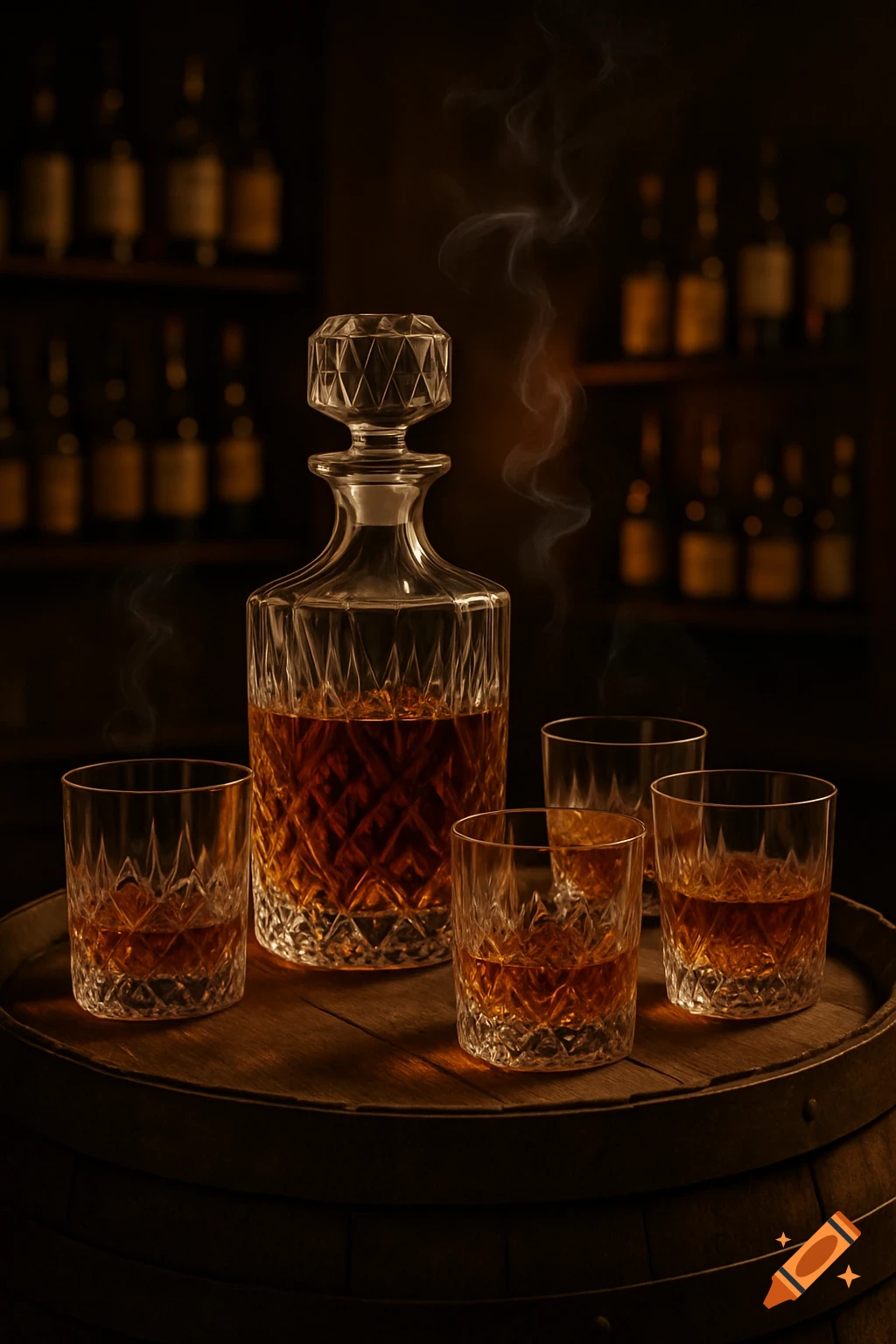 A crystal whiskey decanter and four glasses, some filled with amber liquid, sit on a wooden barrel in a dimly lit bar setting with blurred bottles in the background.