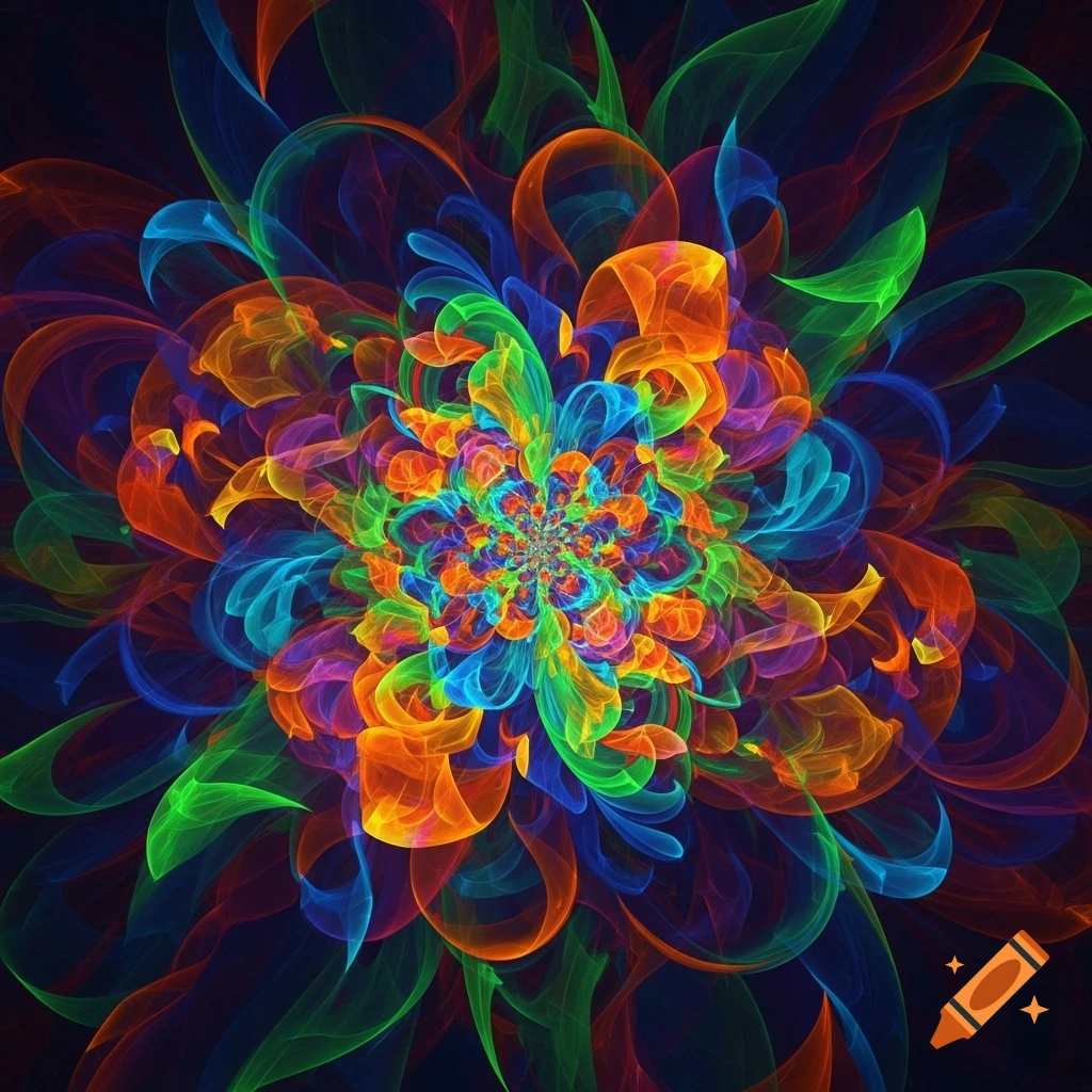 A vibrant, colorful, symmetrical abstract pattern resembling a floral fractal design against a dark background.