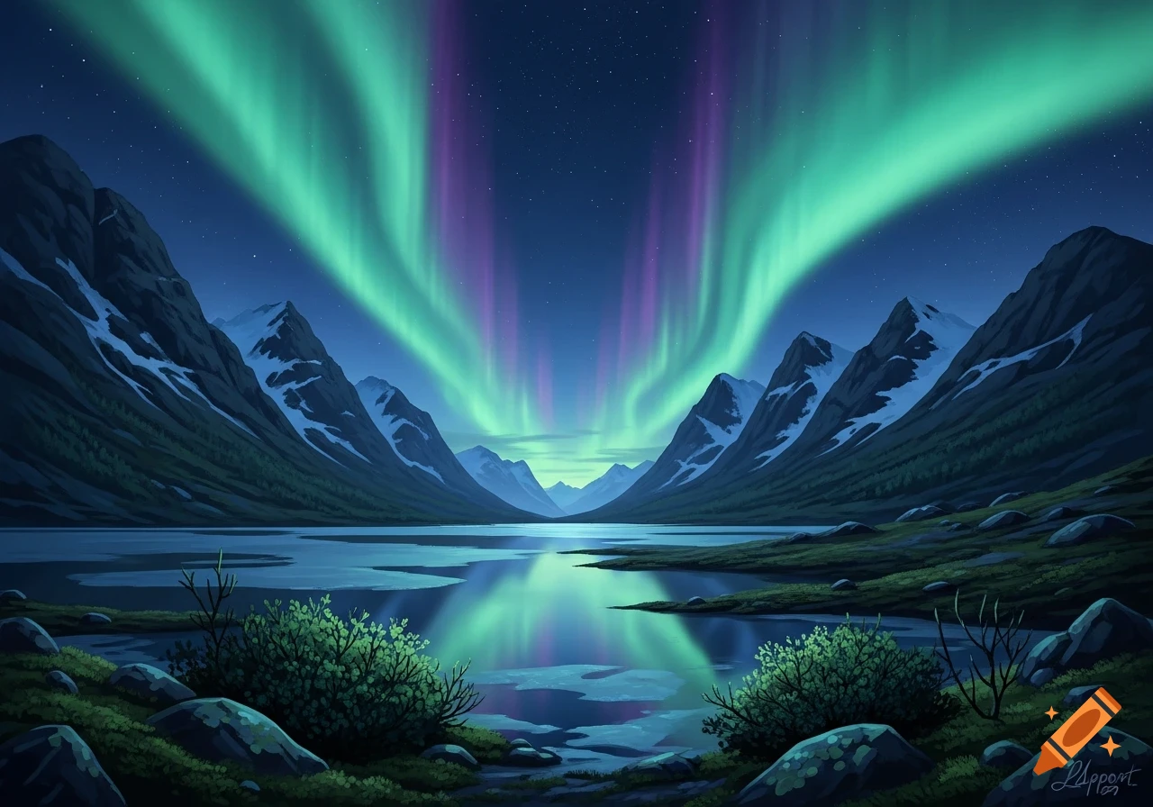 Vibrant aurora borealis over a reflective lake and snow-capped mountains in a dark valley, digital art.
