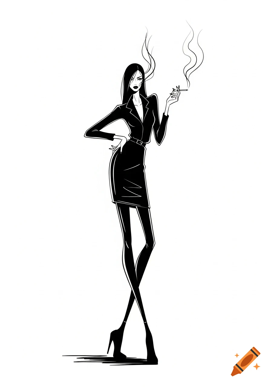 Minimalist black and white fashion illustration of a tall, elegant woman in a black suit, posing with a hand on her hip and smoking a cigarette.