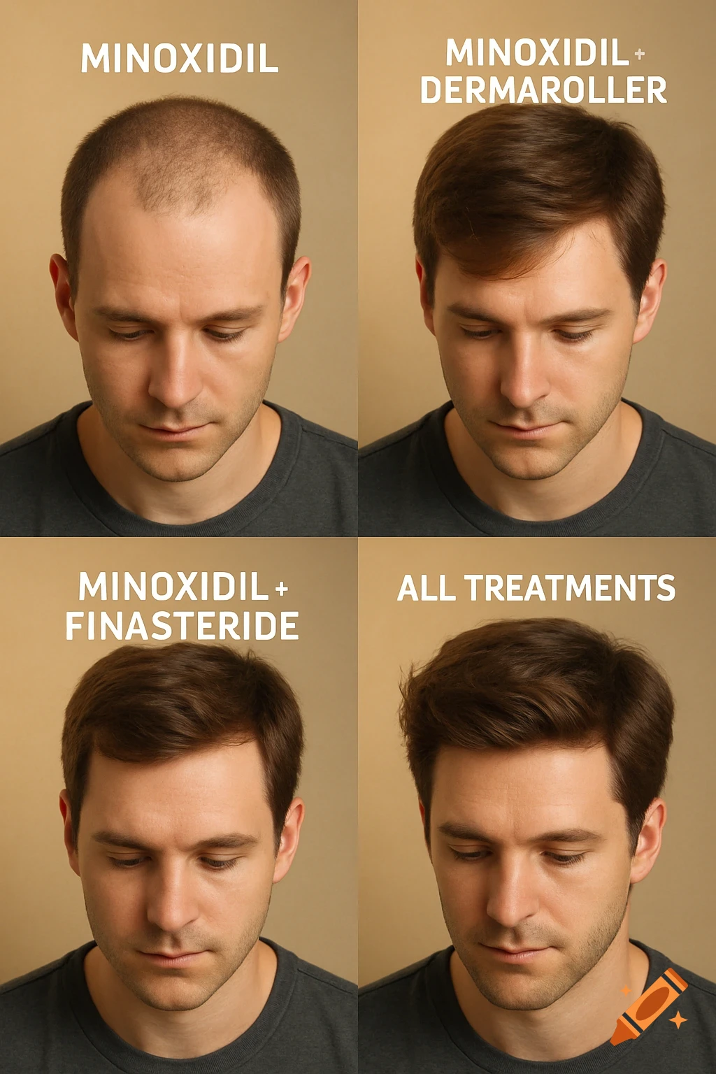 Four-panel comparison of a man's hair regrowth, showing effects of Minoxidil, Minoxidil+Dermaroller, Minoxidil+Finasteride, and All Treatments.