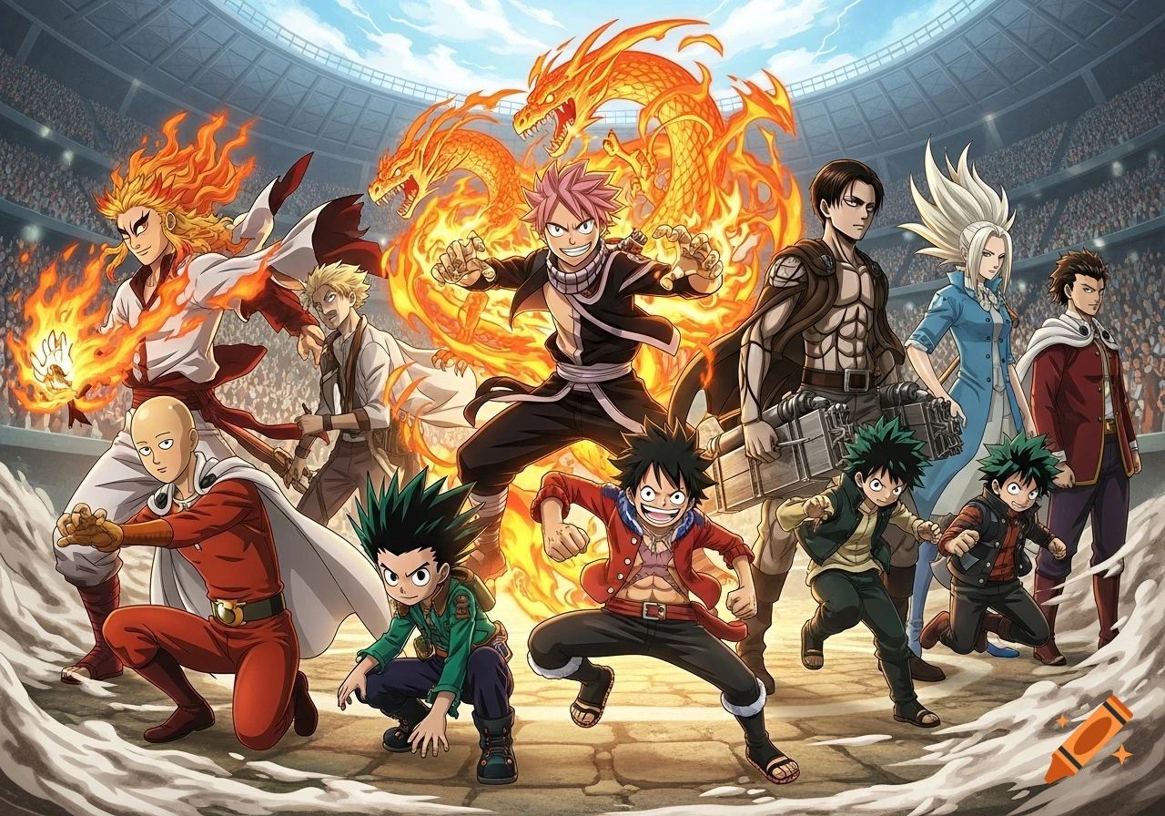 Popular anime characters like Luffy, Izuku, Natsu, Saitama, Rengoku, Eren, and Gon are depicted in dynamic poses in a battle arena.