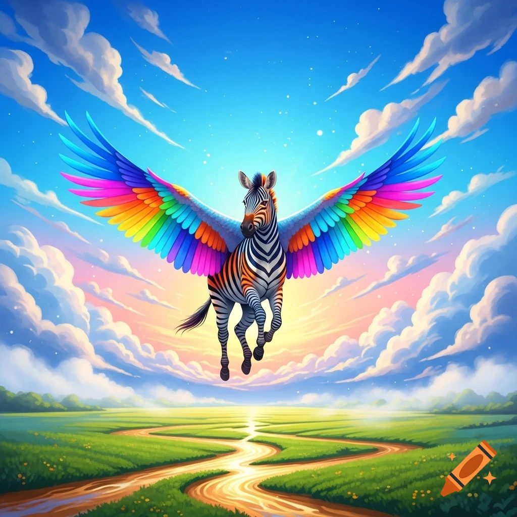 A vibrant, cartoon-style flying zebra with large rainbow wings soars over a winding river through a lush green field under a blue sky with fluffy clouds.