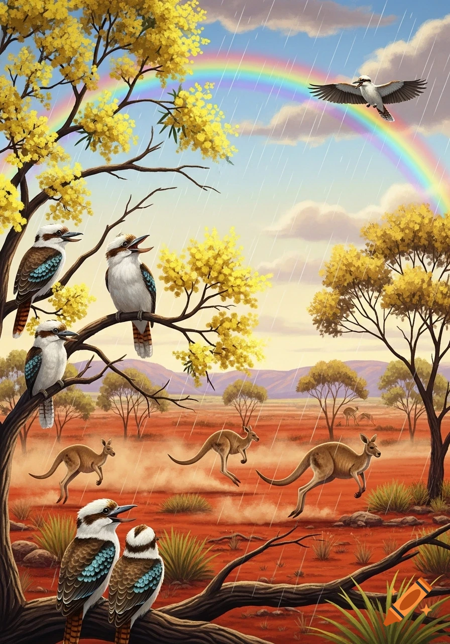 Illustration of kookaburras and kangaroos in a rainy Australian desert landscape with wattle trees and a rainbow.