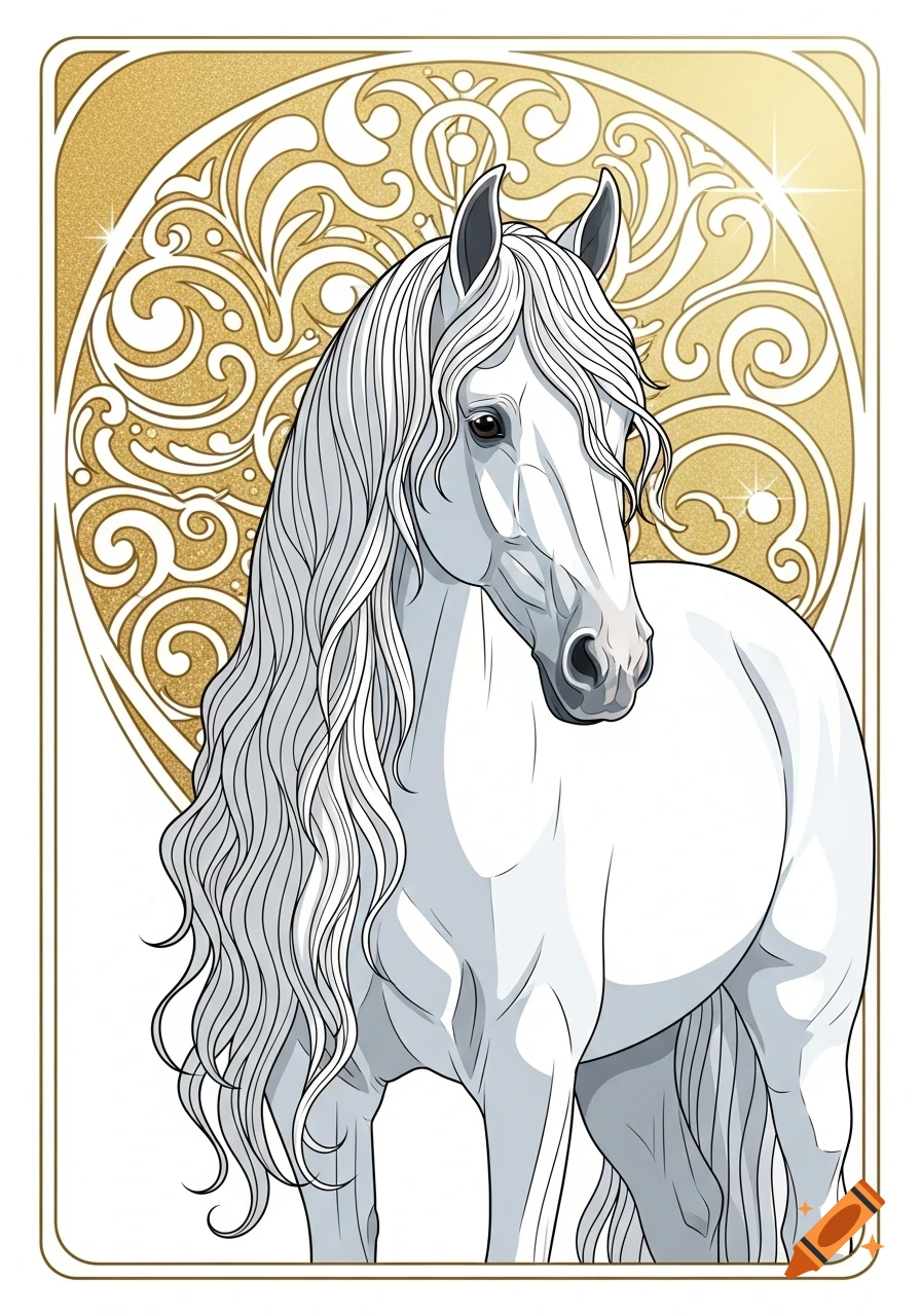 White horse with a long flowing mane in an illustrative style against an ornate golden background.