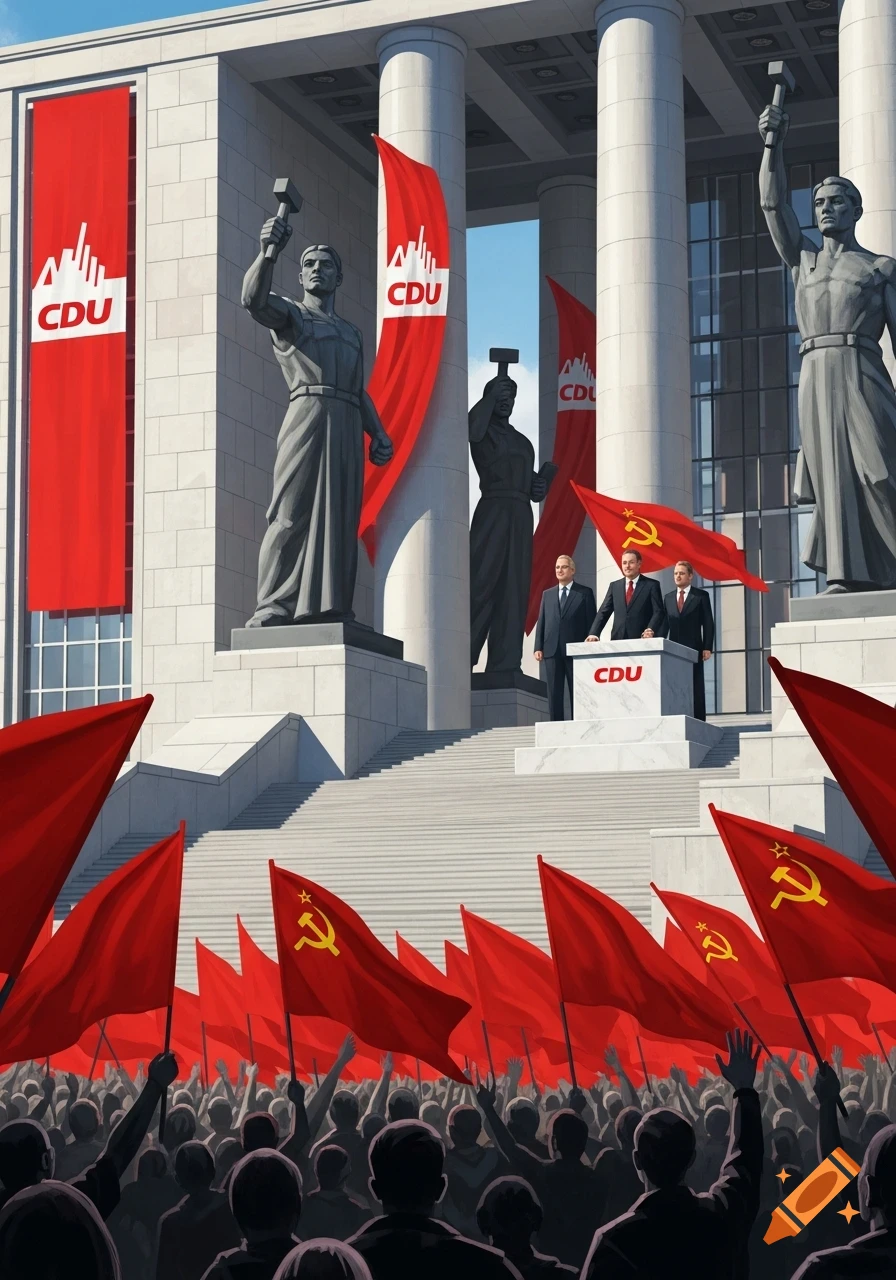 A grand, totalitarian-style building with 'CDU' banners and statues of workers, overlooks a crowd holding hammer and sickle flags, and three men at a 'CDU' podium.