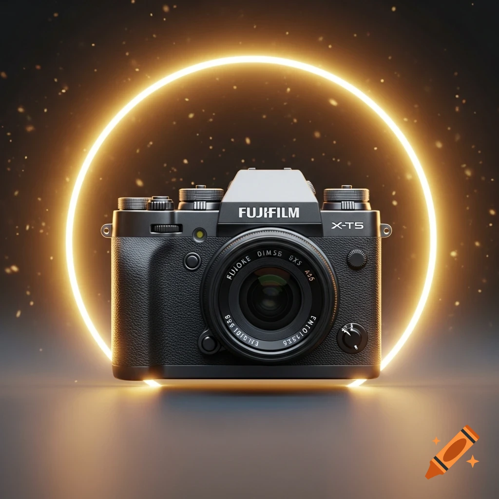 A photorealistic Fujifilm X-T5 camera with a lens is centered, surrounded by a glowing golden halo on a dark background with sparkles.