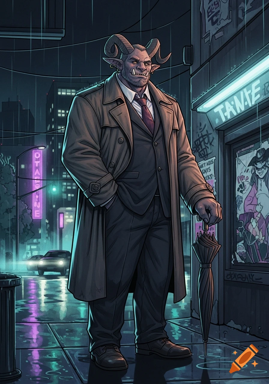A towering, well-groomed troll private investigator in a trench coat and suit stands on a wet, neon-lit city street at night, holding a closed umbrella.