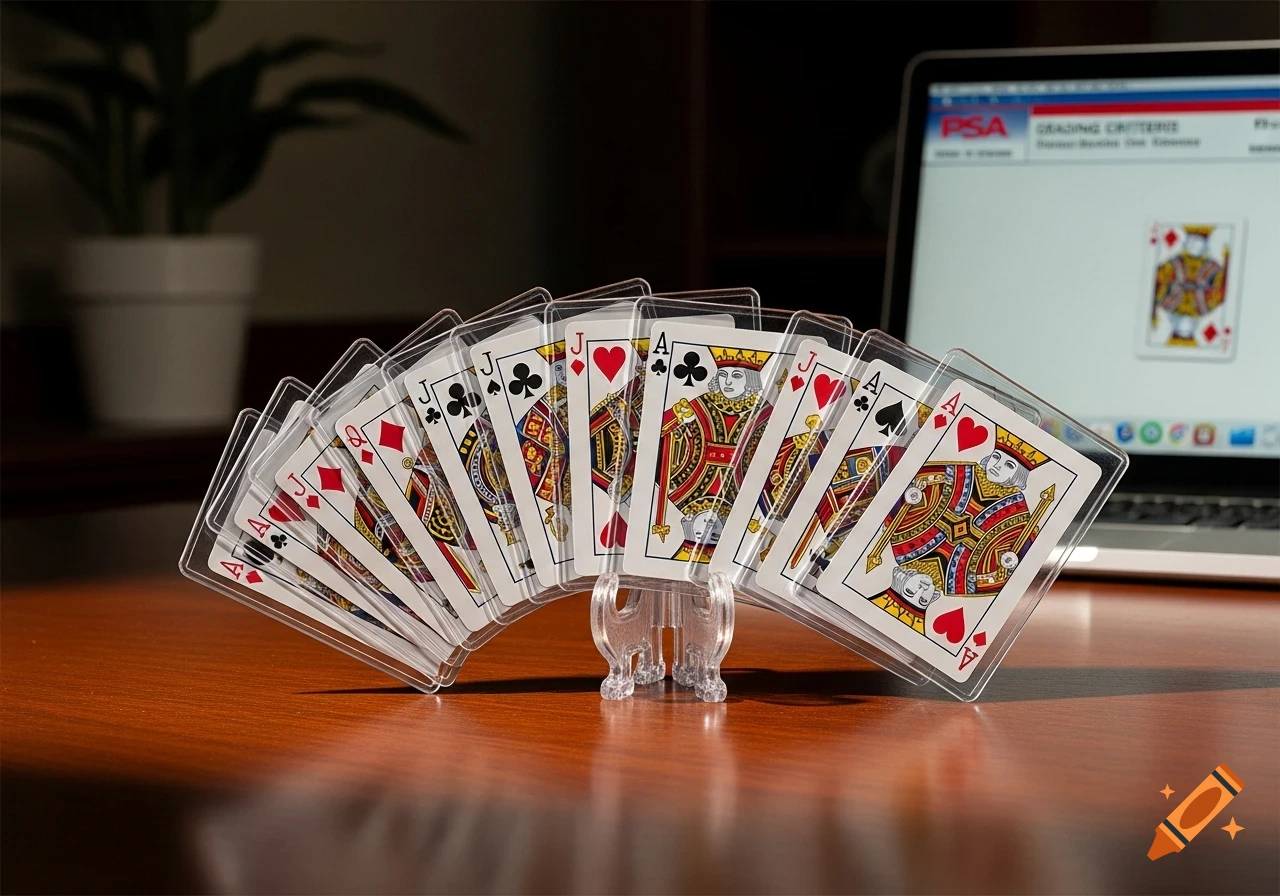 A fan of playing cards in clear protective sleeves stands on a wooden desk, with a laptop displaying a card grading website in the blurred background.