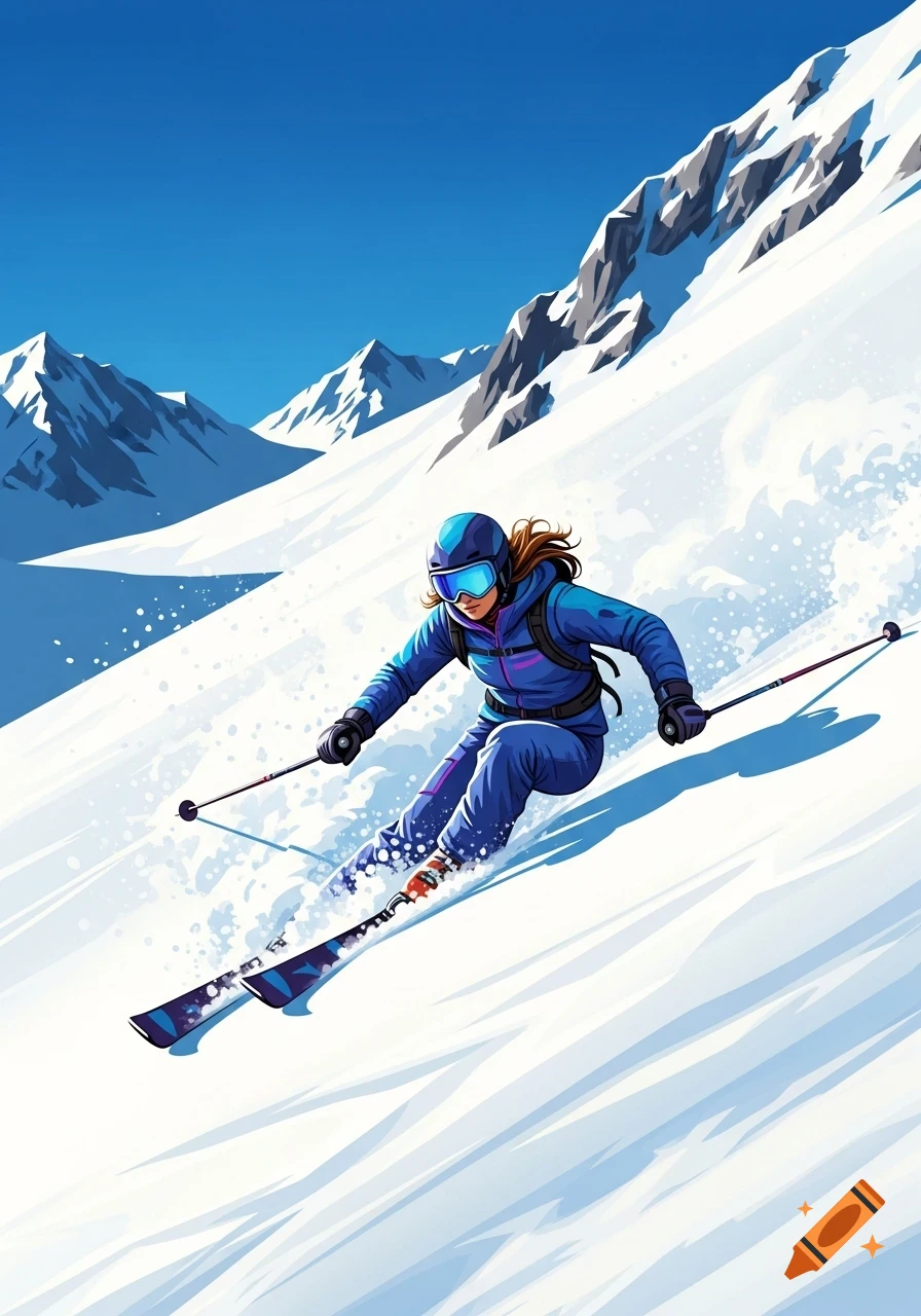 An illustration of a female skier in blue gear skiing down a sunny, snow-covered mountain with a clear blue sky.