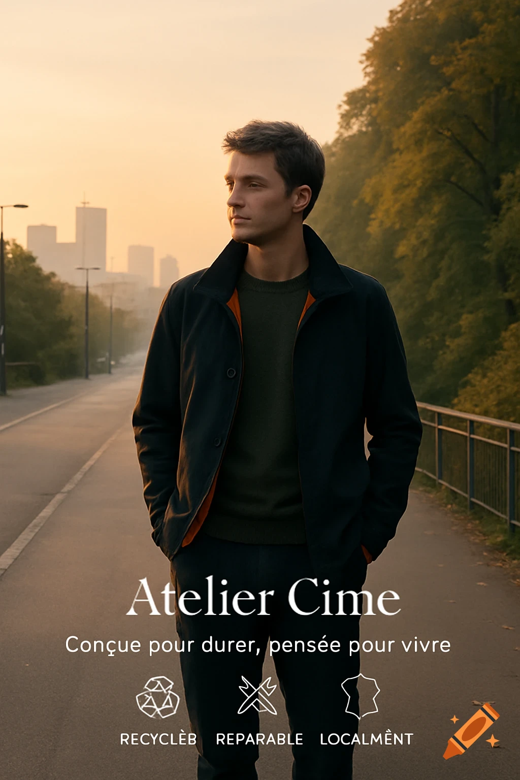 A man in a dark jacket stands on an urban path at sunrise with text overlay.