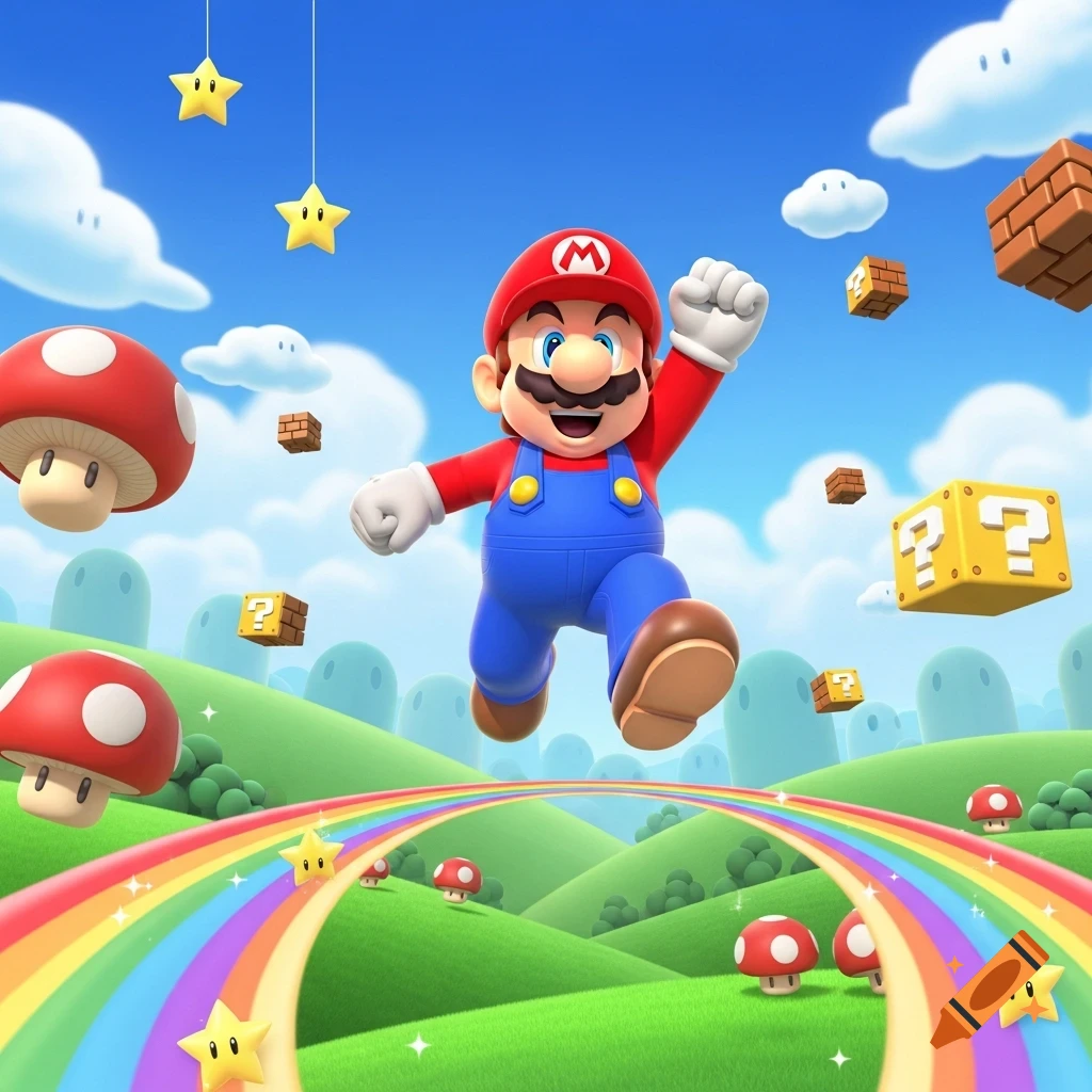 Mario jumps excitedly over a colorful rainbow path on vibrant green hills under a blue sky, surrounded by mushrooms, stars, and question blocks.