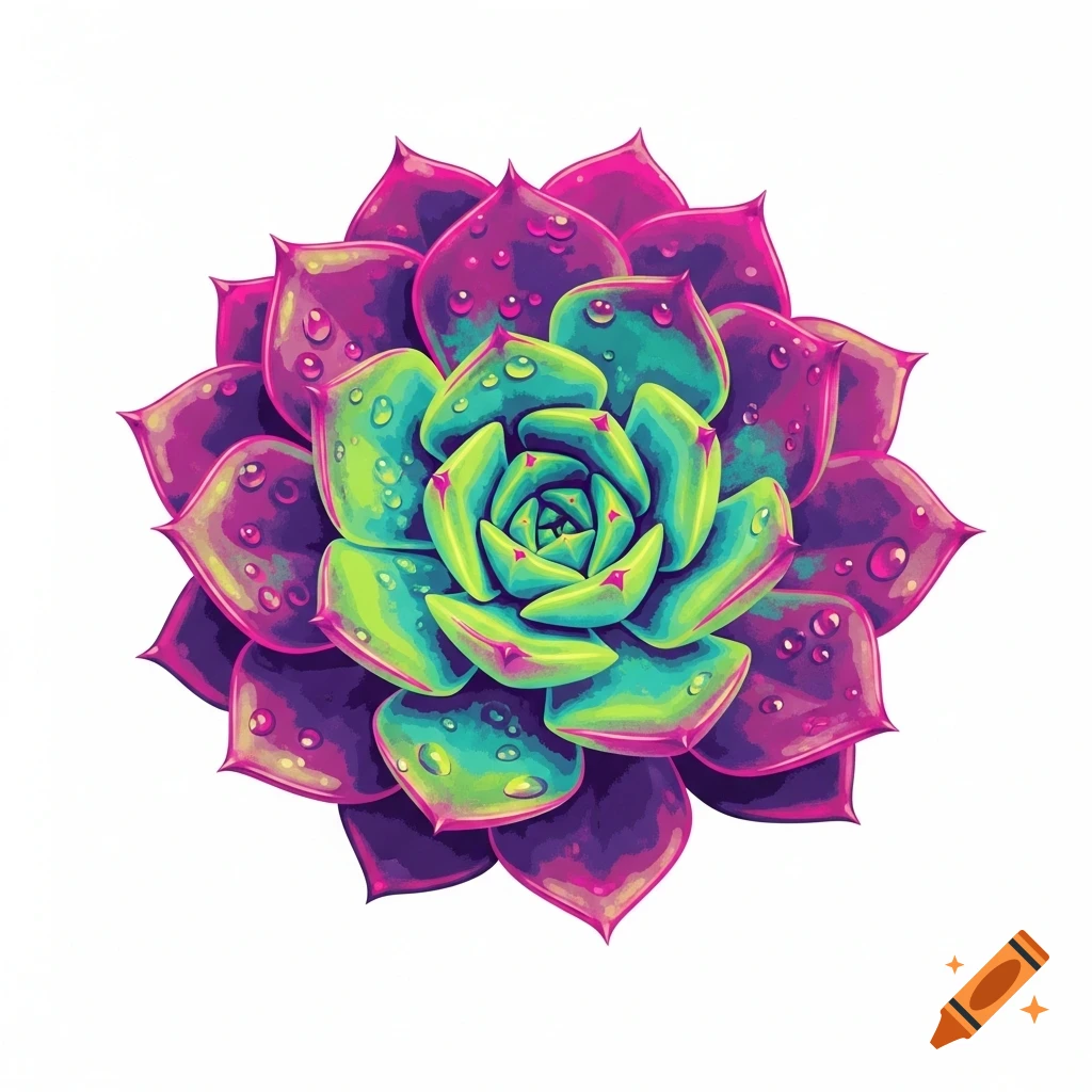 Vivid screenprint of a succulent plant with bright green and purple leaves covered in water droplets.