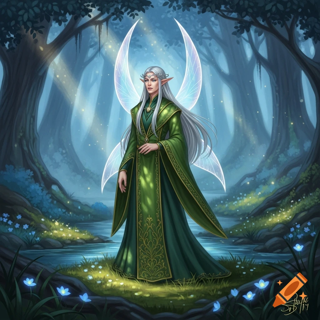 An ethereal elf with long white hair, wearing a green robe and glowing crescent wings, stands in a mystical forest with sunbeams and a stream.