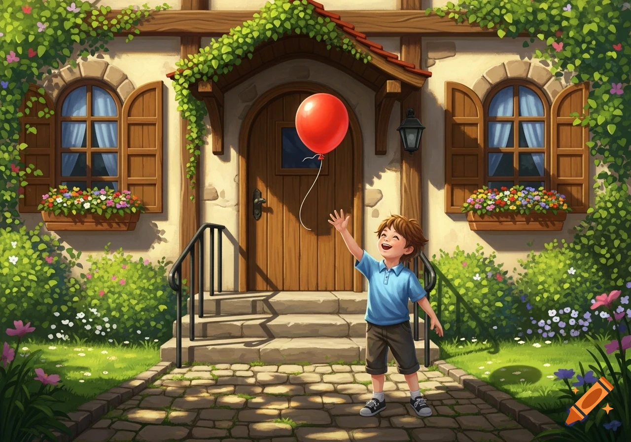 A joyful boy reaches for a red balloon in front of a charming, ivy-covered house with a lush garden, illustrated in a whimsical style.