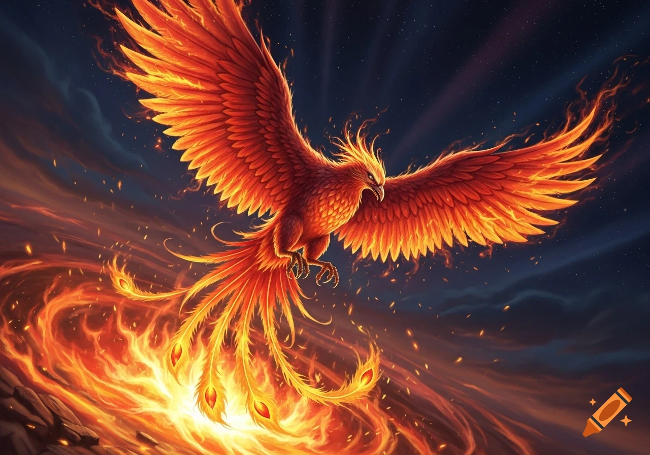 A vibrant, fiery phoenix with outstretched wings soars above intense ...