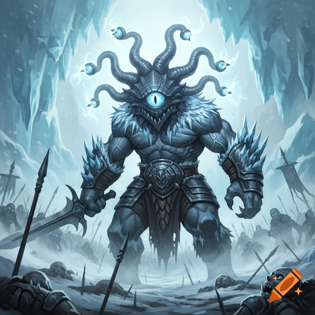 A monstrous ice-covered warrior with a beholder-like head, featuring a large central eye and tentacle eyestalks, stands with a sword amidst fallen foes in a snowy cavern.