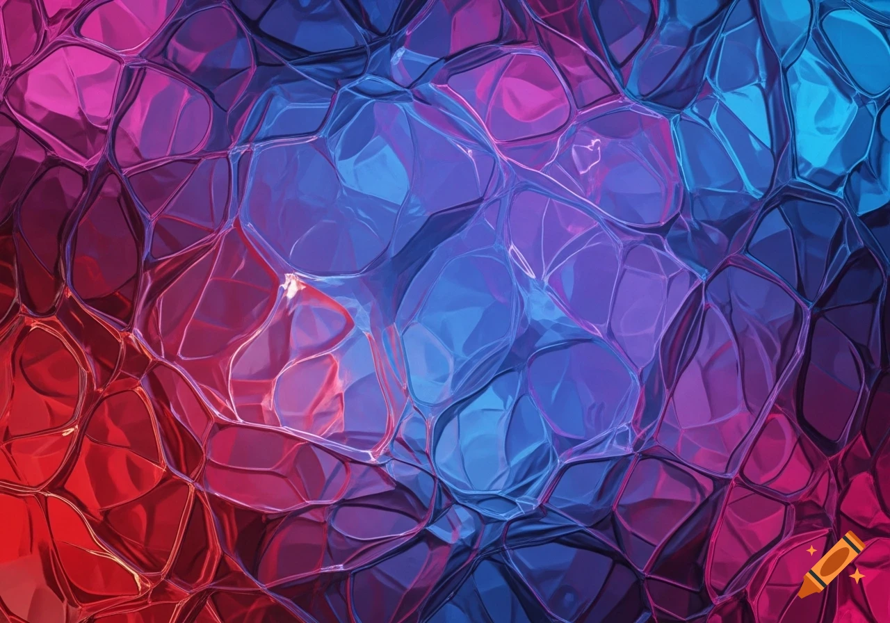 Abstract background of fractured glass-like texture in shades of red, purple, and blue.