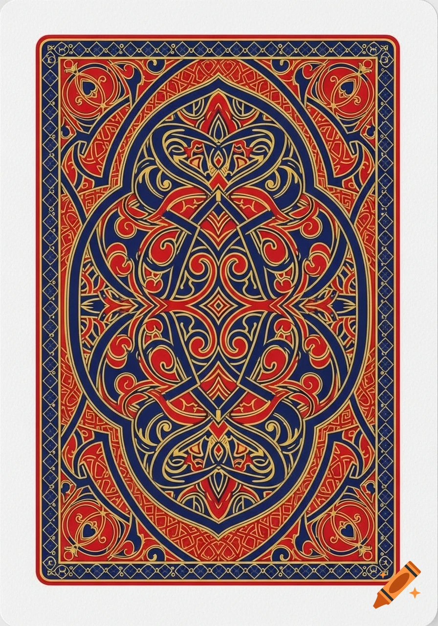 Ornate playing card back with a symmetrical red, dark blue, and gold pattern.