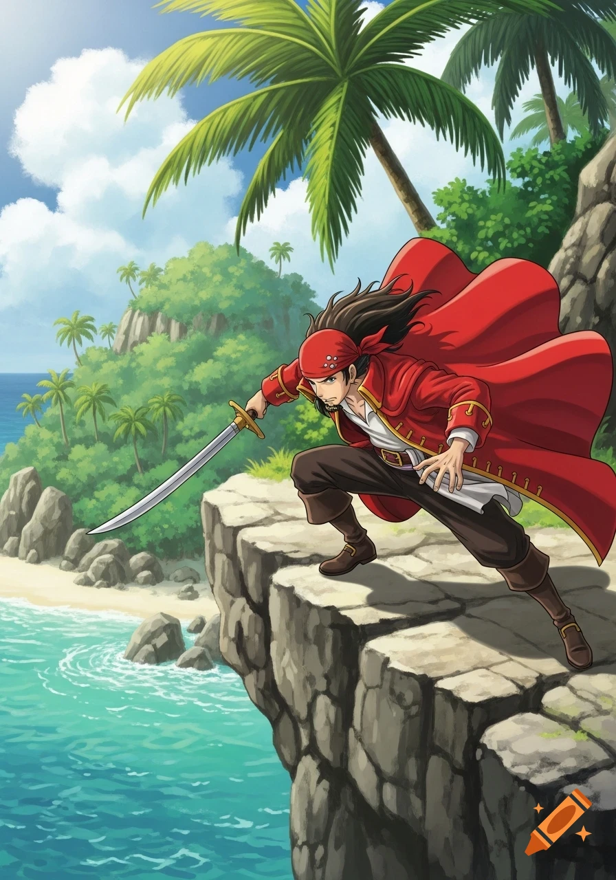 An anime pirate with a red cloak and bandana charges forward with a sword on a rocky tropical island ledge.