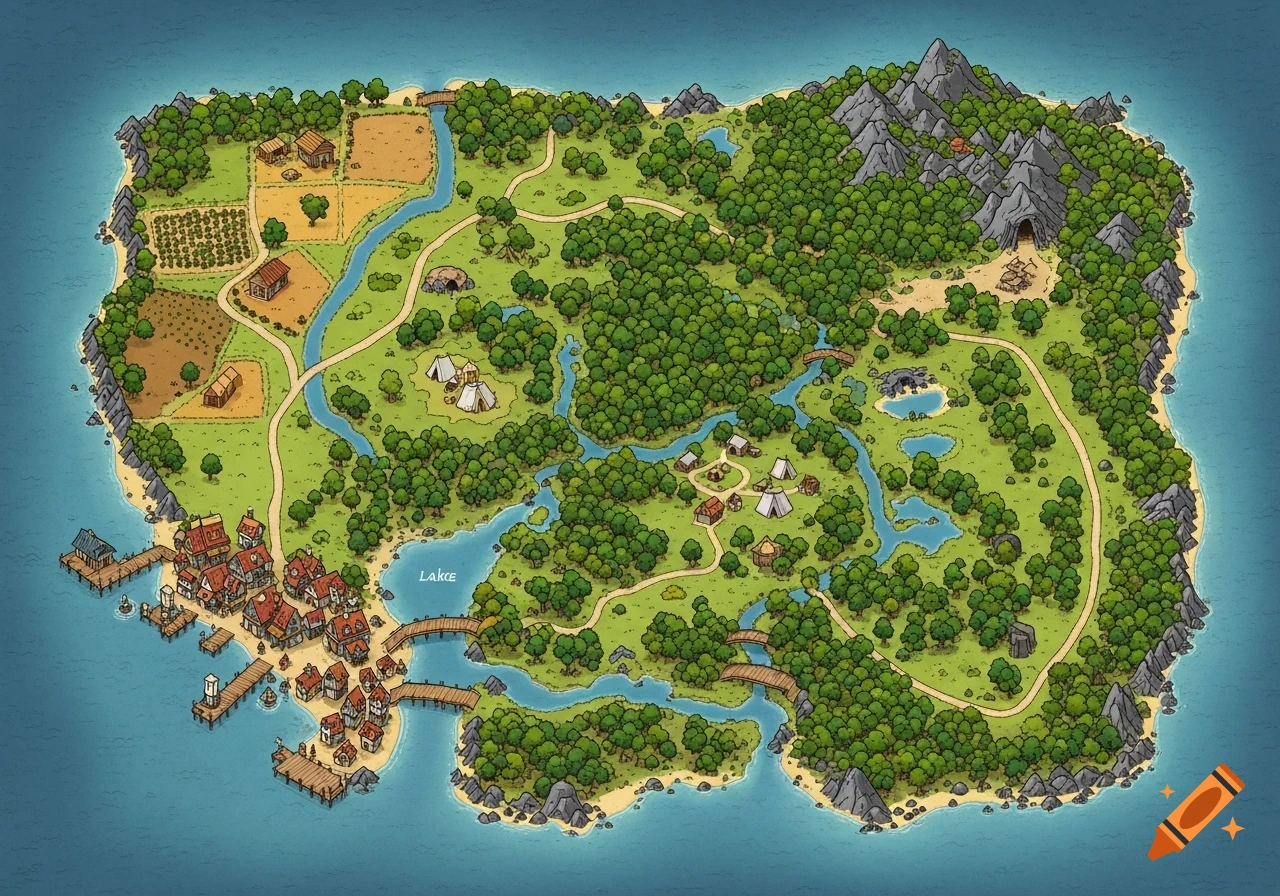Top-down fantasy map of a large island with a port town, forests, mountains, rivers, farms, and villages, in a whimsical, detailed style.